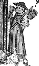 Le Miroir du Monde. 1373. Un lépreux avec sa crécelle.