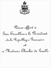 20 avril 1960. Menu du dîner offert au général de Gaulle au Québec