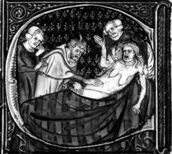 Auscultation d'une malade au Moyen Age