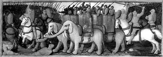 Bataille entre guerriers transportés à dos d'éléphants et cavaliers.