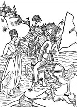 Knight meeting a lady at the bottom of a castle