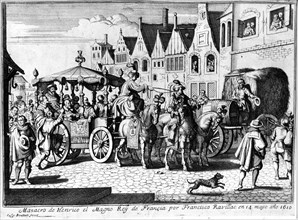 Assassinat de Henri IV par Ravaillac. 1610 , Gravure espagnole.