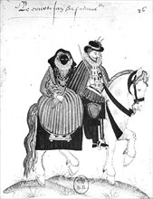 Epoque Henri IV. Couple voyageant à cheval.