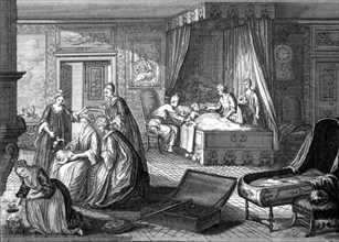 Epoque Louis XV. Baptême administré par la sage-femme.