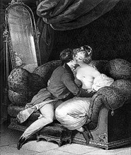 Vers 1830. Vie quotidienne. Couple sur un sofa.