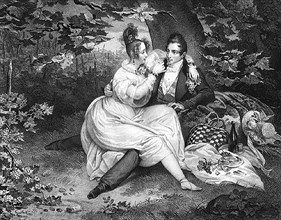 Vers 1830. Couple pique-niquant dans la forêt.