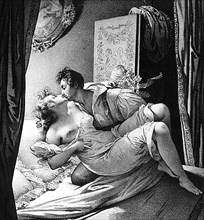 Vers 1830. Vie amoureuse. Couple se mettant au lit.