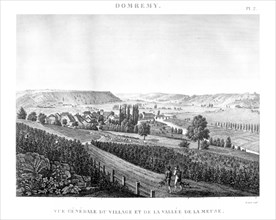 Engraving by Saulx, panoramic view of Domrémy, where Joan of Arc was born on January 6, 1412