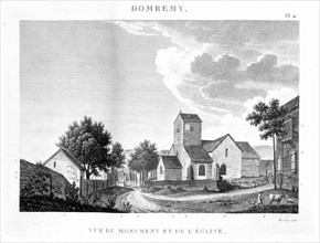 Engraving by Saulx, Domrémy-la-Pucelle, where Joan of Arc was born on January 6, 1412, view of the church