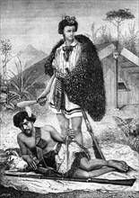 Inhabitants of New Zealand.  Maori head and slave.