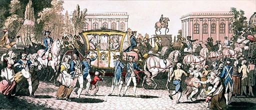 The king and the royal family are brought by crowd in Paris.   1789