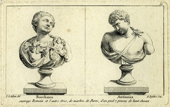 Greek mythology.  In left, Bacchante.  In right-hand side, Antinoüs.