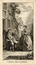 Gravure du XVIIIe  siècle. Scène de l'Ecole des Femmes de Molière.