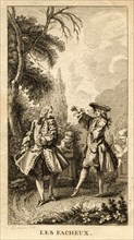 Gravure du XVIIIe  siècle. Scène des Fâcheux de Molière.
