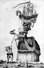Satirical engraving: woman with grotesque hairstyle