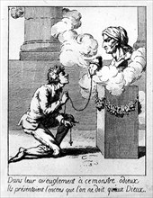 Vers 1794. Gravure anti-révolutionnaire contre le culte dû à Marat.