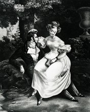 Vers 1820. Scène galante dans un parc.
