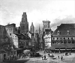 1830. La place du marché à Rouen. La halle au coton et la cathédrale.