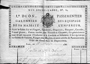 Facture du  passementier Duon, fournisseur de Napoléon 1er