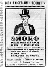 Publicité dans la presse pour Smoko, " pâte dentifrice des fumeurs ".