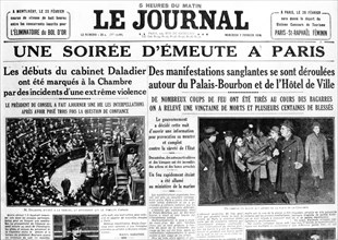 7 février 1934. Emeutes à Paris. Manchette de " Le Journal ".