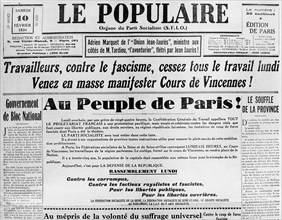 10 février 1934. Manchette de " Le Populaire ". Appel au peuple de Paris.