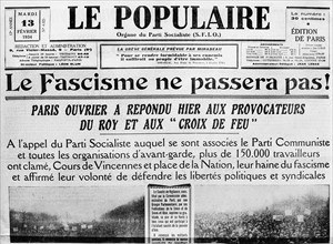 13 février 1934. Manchette de " Le Populaire ". Le fascisme ne passera pas.
