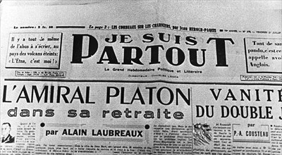 Guerre 39-45. Manchette du journal de collaboration " Je suis Partout ".