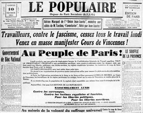 Manchette du Populaire. Appel au peuple de Paris.'10 février 1934.
