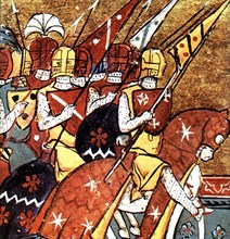 Manuscrit enluminé, Godefroy de Bouillon et ses chevaliers partant à la croisade