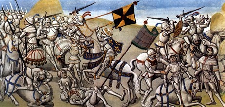 Manuscrit enluminé, Scène de bataille entre Français et Flamands (XIIIe siècle)