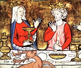 Manuscrit enluminé, repas royal au cerf bondissant