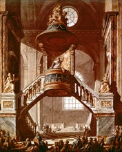 1789, la chaire de l'église Saint-Sulpice, gravure