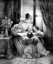 Vers 1830. Vie quotidienne : une mère et ses enfants.