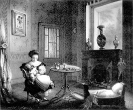 Everyday life: small girl playing with a doll in her room