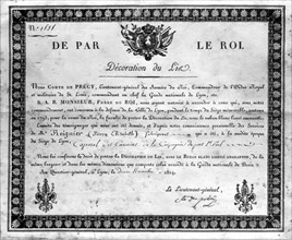 Parchemin de la Décoration de l'Ordre du Lys, signé par le comte de Précy
