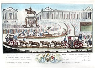 Le cortège royal emmenant le roi Louis XVI, Marie-Antoinette et les enfants royaux traversent la place Louis XV