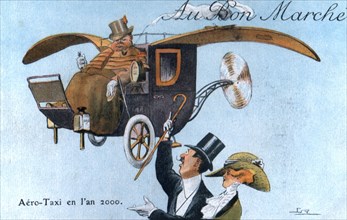 Carte postale "Au Bon Marché: Aéro-taxi en l'an 2000