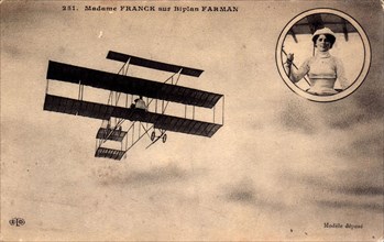 Carte postale: Aviation - Madame Franck sur Biplan Farman
