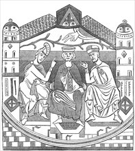 Drawing of Louis the Pious and two of his advisers.