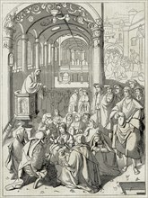 A sermon. Engraving by Lucas Van Leyden.