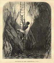 An explorer climbing down into a cave in Java. Indonesia.