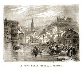 Italy. The della Pietra bridge, in Verona (1864).