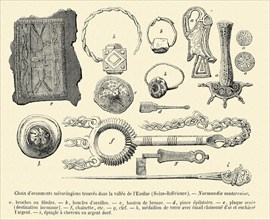 Selection of merovingian adornments (jewellery) found in the valley of Eaulne.