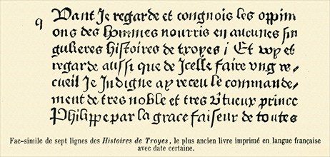 Fac-similé de sept lignes des Histoires de Troyes.