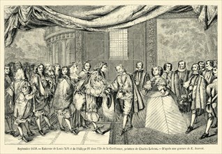 Entrevue de Louis XIV et de Philippe IV dans l'île de la Conférence, peinture de Charles Lebrun.