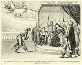 The Duke of Enghein announces the victory of Rocroi and the capture of Thionville in the courtyard.