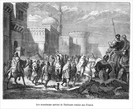 The Muslims leaving Narbonne, surrendering to the Franks.