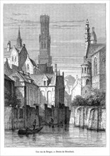 Vue de Bruges et des canaux, en 1865. Gravure.