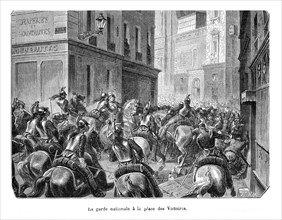 1848. La garde nationale à la place des Victoires. Journées révolutionnaires.